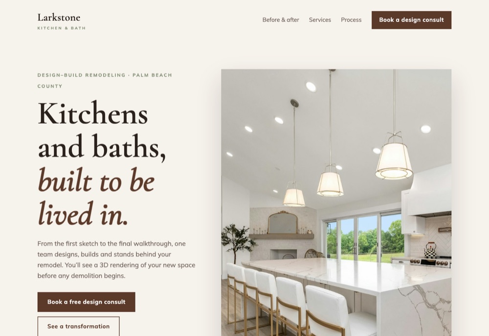 Larkstone Kitchen and Bath concept website: an editorial “Kitchens and baths, built to be lived in” headline beside a bright kitchen