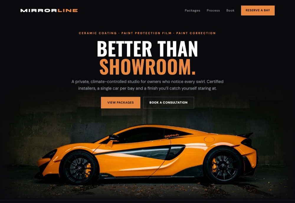 Mirrorline Auto Detailing concept website: a “Better than showroom” headline above an orange sports car