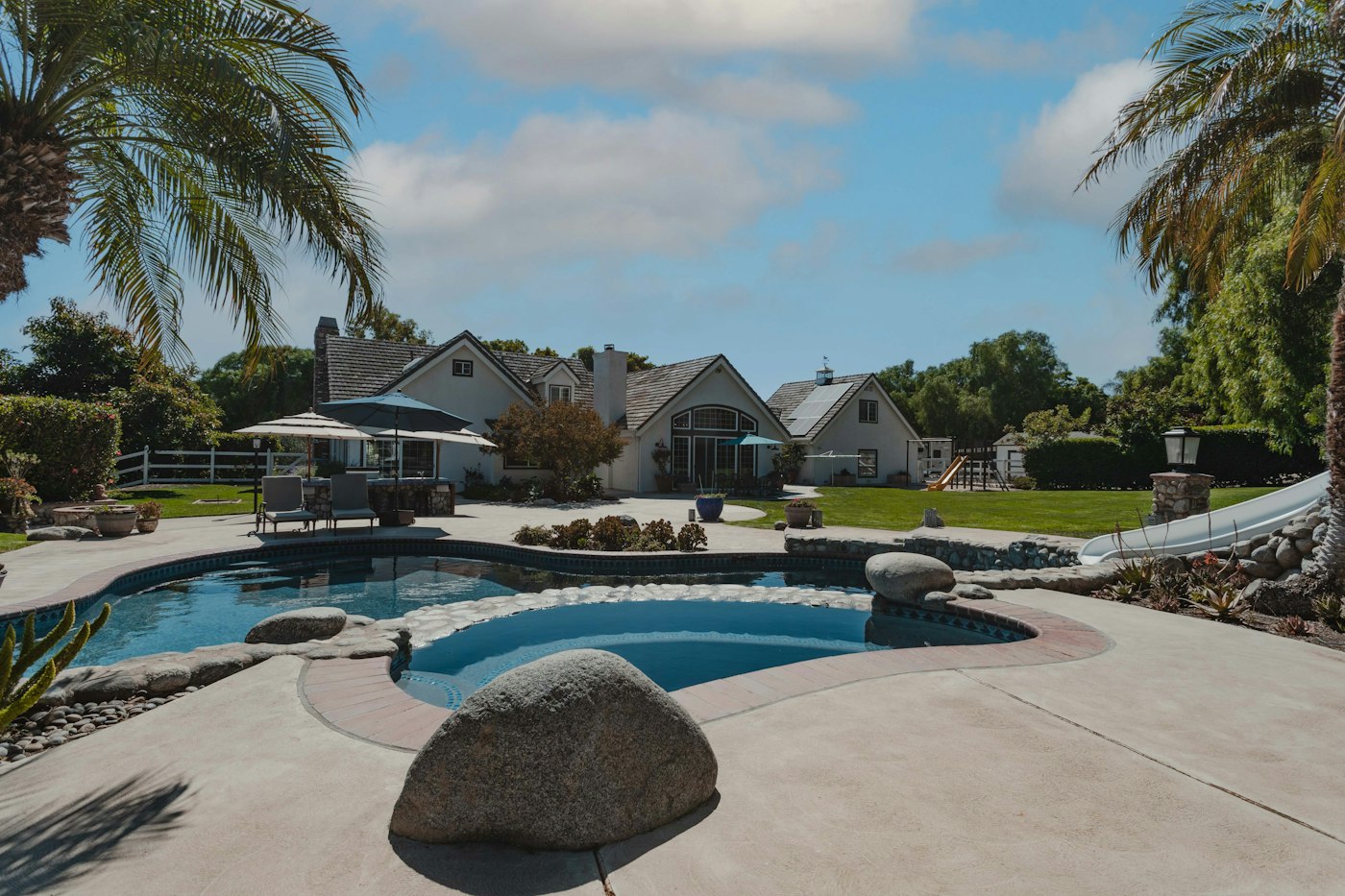 Backyard pool with a boulder feature under palm trees
