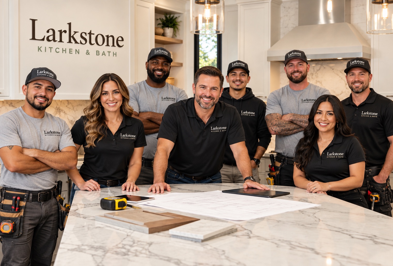 The Larkstone team gathered around a marble island with plans and material samples